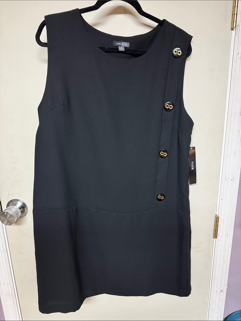 Voir Voir Black Sleeveless Shift Dress with Gold Accent Buttons